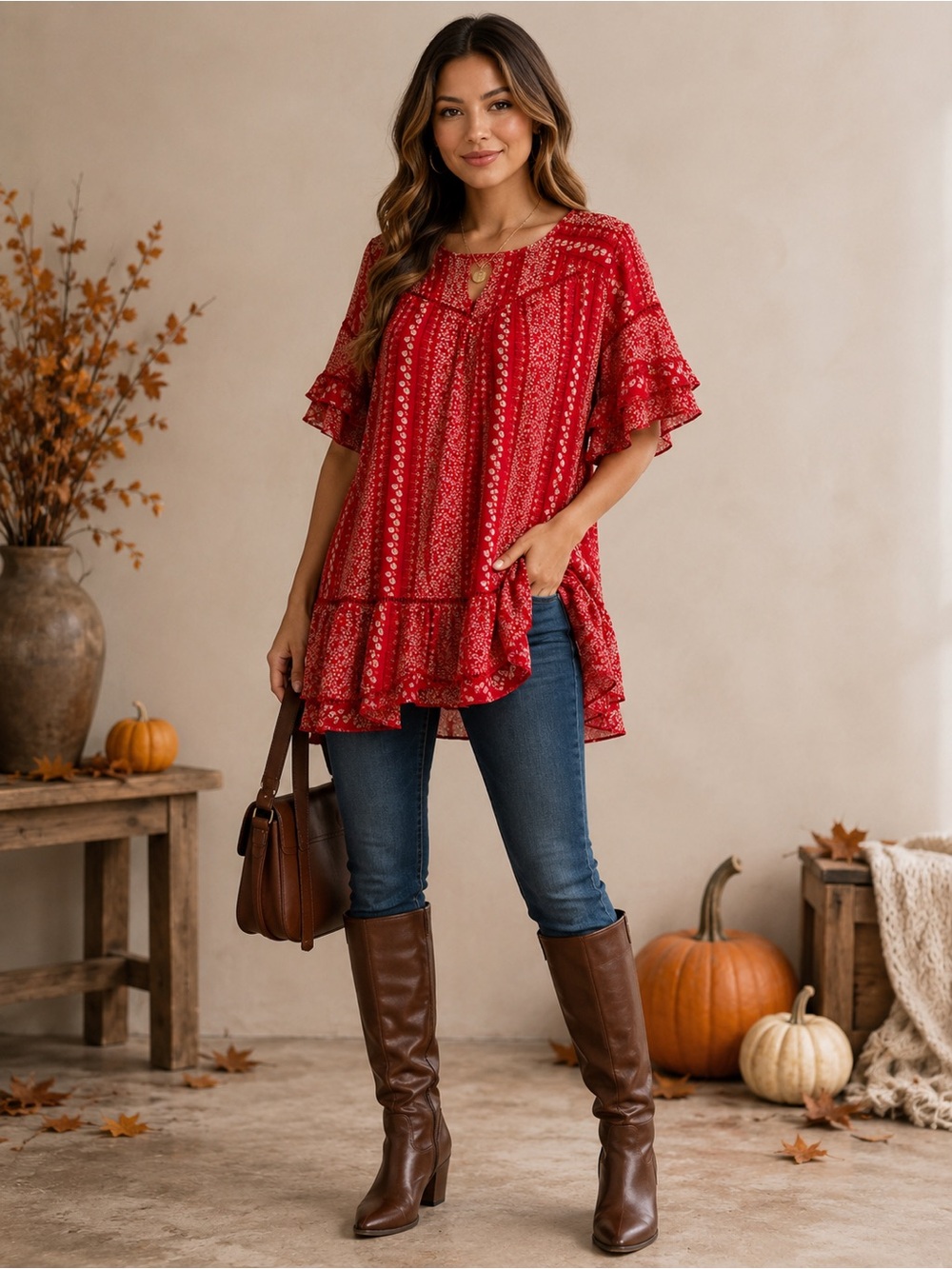 See and Be Seen Red Floral Print Ruffle Tunic/Dress